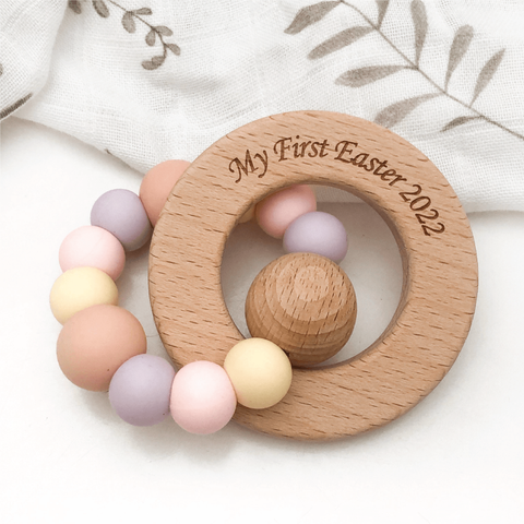 One.Chew.Three 'My First Easter' Silicone & Beechwood Teether - Easter Pink