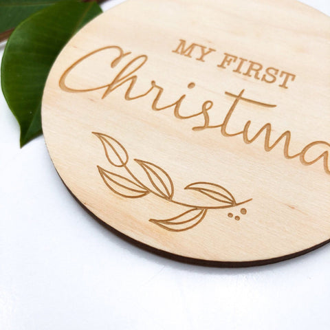 One.Chew.Three Wooden "My First Christmas" Plaque - Natural Foliage Design