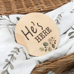 One.Chew.Three Wooden 'He's Here' Milestone Disc - Colour Foliage