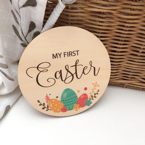 One.Chew.Three Wooden "My First Easter" Plaque - Easter Eggs