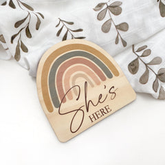 One.Chew.Three Wooden 'She's Here' Plaque - Rainbow Series (Original)