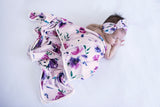 Snuggle Hunny Cotton Knit Jersey Wrap Purple Floral Kiss with Matching Topknot