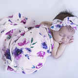 Snuggle Hunny Cotton Knit Jersey Wrap Purple Floral Kiss with Matching Topknot