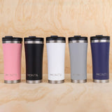 Collection of Five Stainless Steel MontiiCo Mega Coffee Cups in Various Colours - Strawberry, Coal, Chalk, Chrome & Cobalt